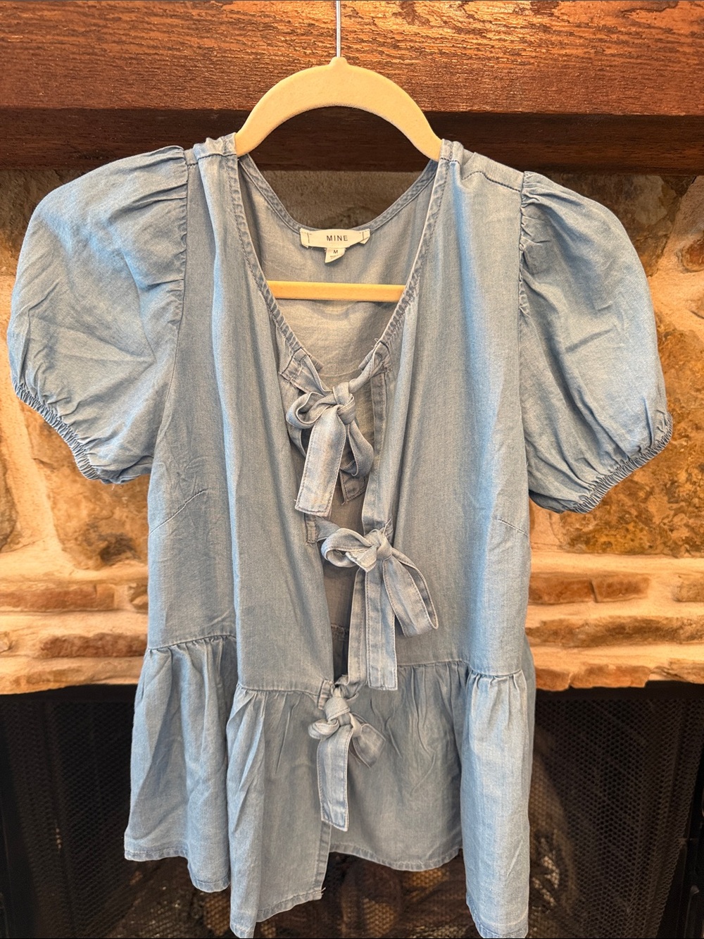 MINE Light Blue Tie-Front Peplum Blouse with Puff Sleeves